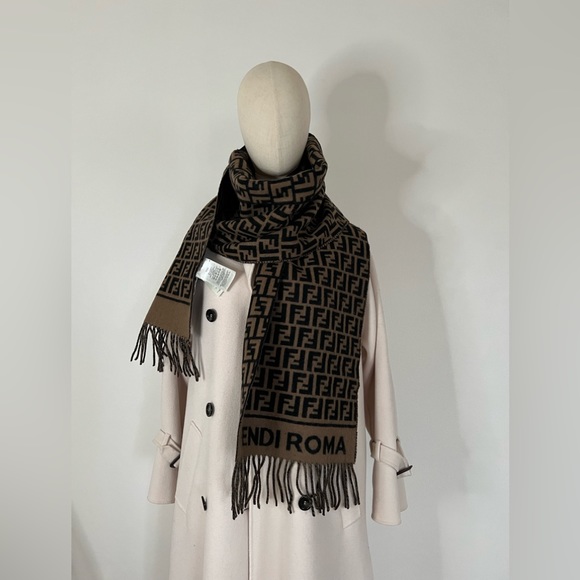 FF Fendi Scarf Brown Wool And Cashmere Logo  Italy - Picture 7 of 7